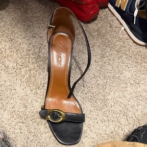 Coach Black Leather Open-Toe Ankle-Strap Block Heel with Gold Accent